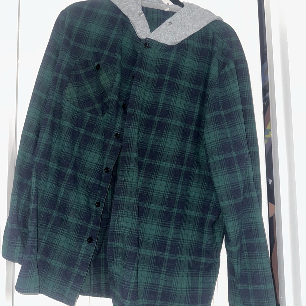 Green Plaid Hooded Shirt Jacket